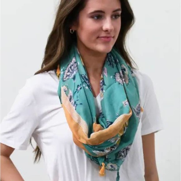 Turquoise Yellow Cottage Floral Design Lightweight Tasseled Scarf - Picture 1 of 5